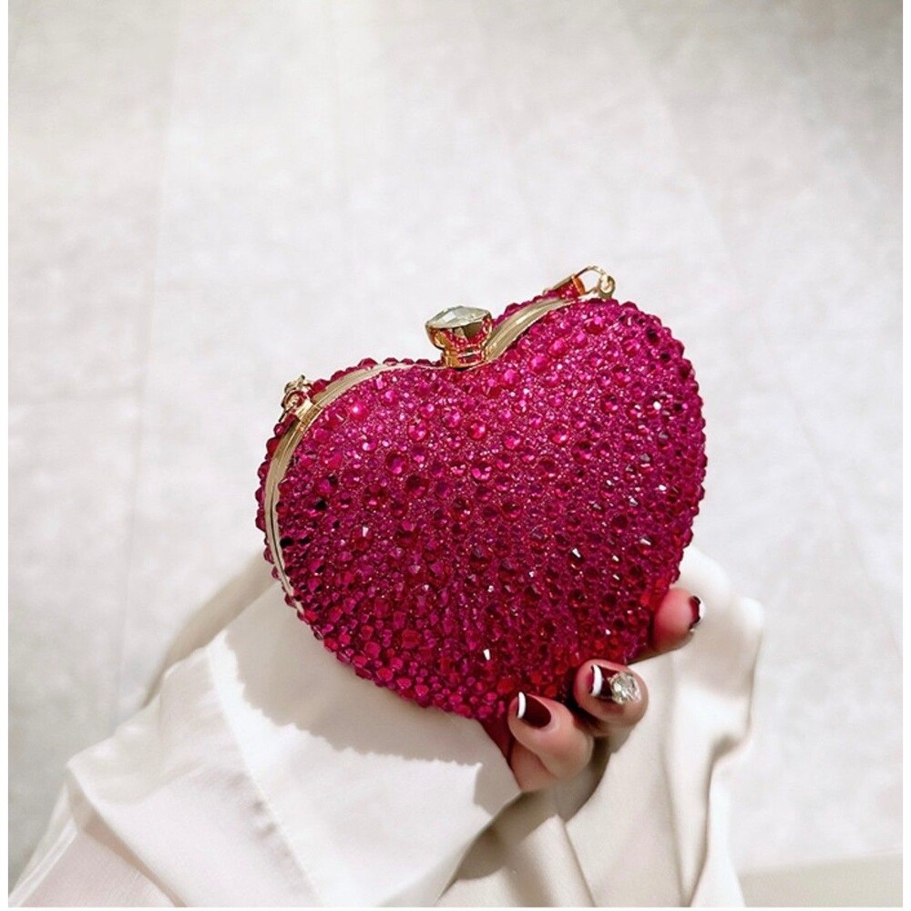 Women's Hot Pink Rhinestone Heart Clutch Bag Formal Evening Cocktail Purse NEW - Picture 11 of 14